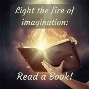 hands holding an open book with flames coming from the pages and the words 'Light the Fire of Imagination: Read a Book'